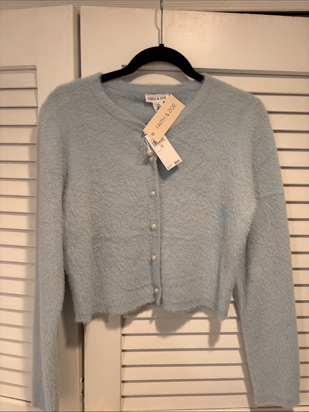 Faith & Zoe Blue Fuzzy Pearl Button Cardigan Sweater Large NWT